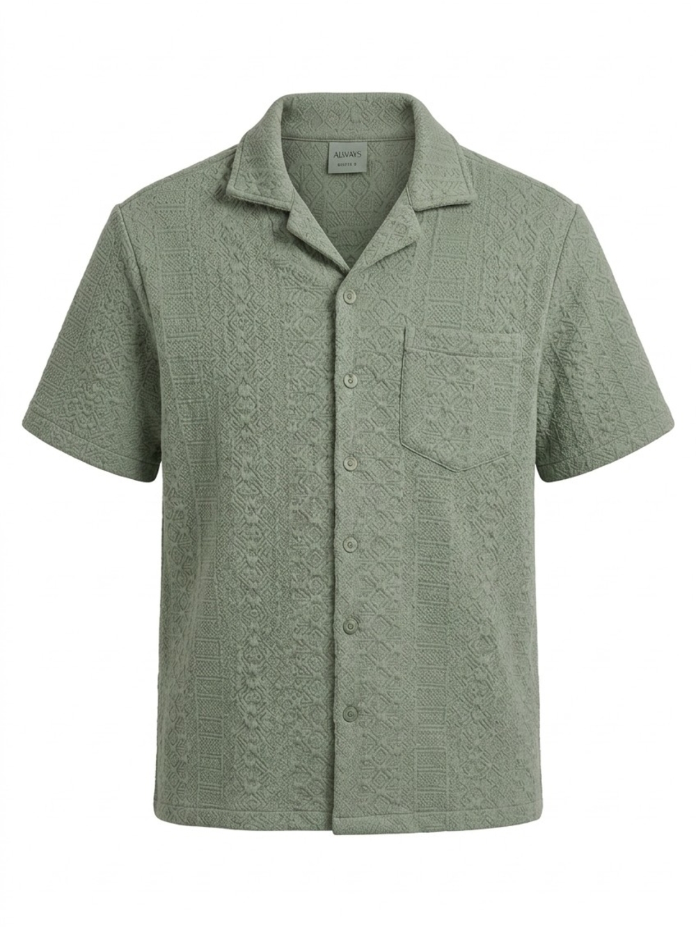 Maison Article Men's Medium Green Jacquard Textured Camp Shirt Short Sleeve Knit